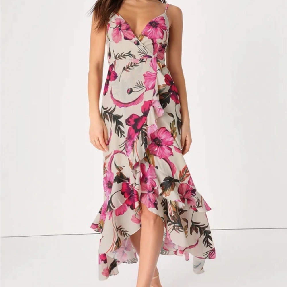 Lulus Lovely Ways Light Beige Floral Print Ruffled Tulip Midi Dress